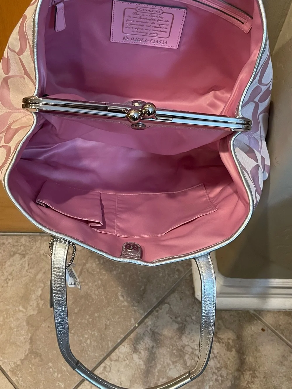 Pink Patterned Tote with Silver Trim and Top Frame Closure